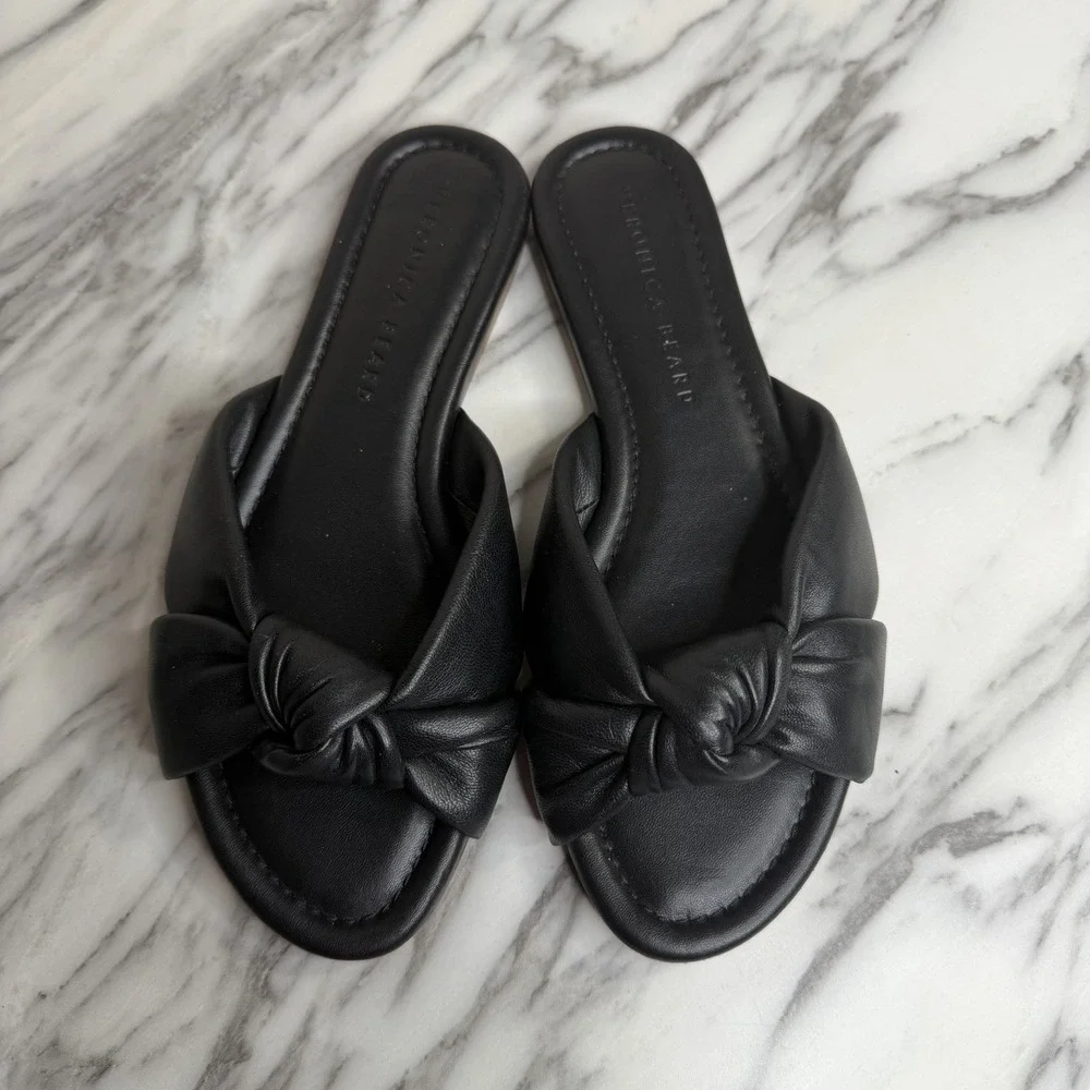 Veronica Beard Salton Black Leather Knot Sandals Slides Sz 6 Slip On Luxury